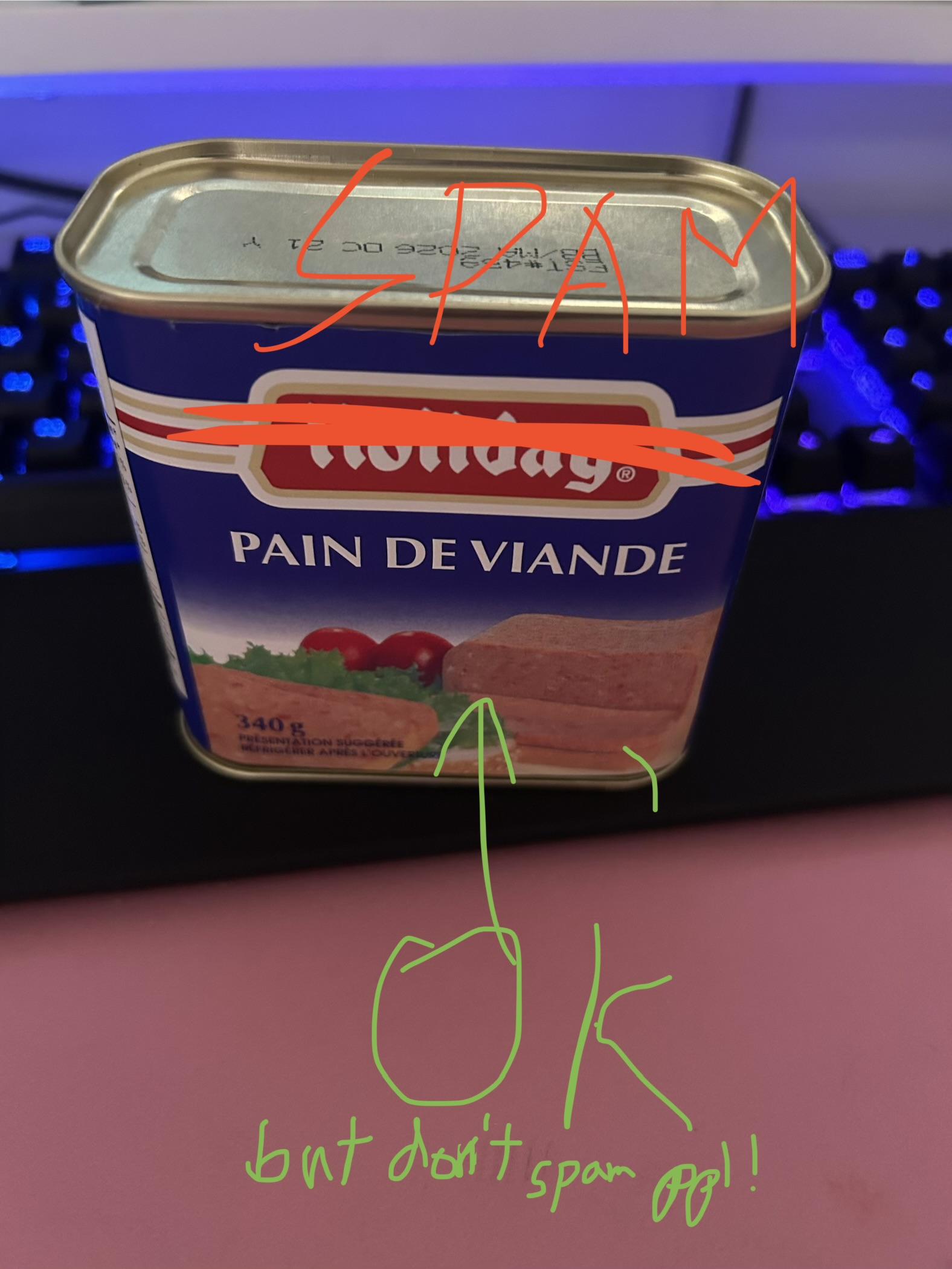 Spam A can of luncheon meat with the logo replaced with "SPAM" and text "OK but don't spam ppl!"